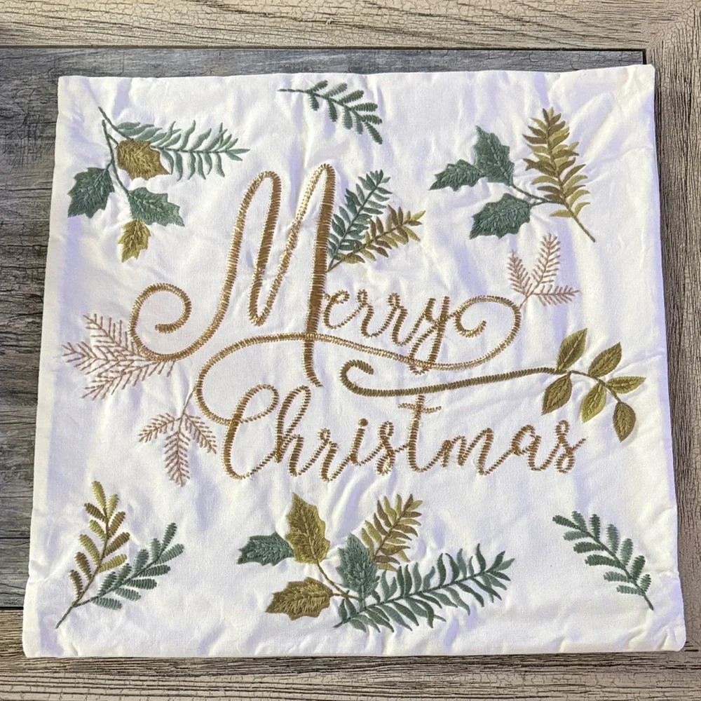 Pier 1 Festive Pillow Cover with Gold and Green Embroidery